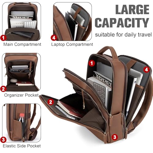 Tzowla Leather Laptop Backpack, Bag for Men and Women,Business Travel Work Rucksack Fits 15.6 Inch Laptop,Bookbag with USB and Type-C Charging Port-Black - color: Brown