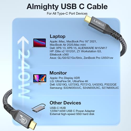 USB C to USB C Cable 240W Fast Charging 20Gbps Data Transfer 4K@144Hz/60Hz 8K@30Hz Video Monitor High Speed USB 3.2 Gen 2x2 Cable for Samsung Galaxy Thunderbolt 3/4 - size: 5FT