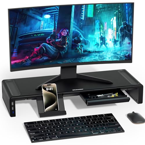 OImaster Adjustable Monitor Stand Riser with Drawer - Foldable Computer Stand for Desk, Desktop Organizer with Phone Holder & Pen Slot, Space Saving Laptop Riser for Home Office, Black - color: Black-Basic