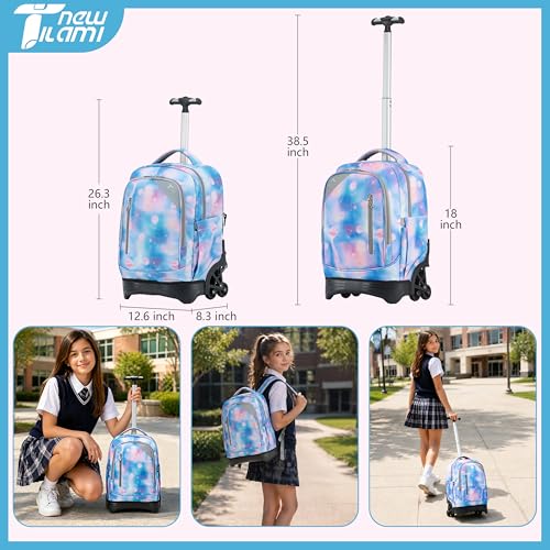 NEW TILAMI 18 Inch Rolling Backpack with Lunch Bag for Girls Boys School | 6-Wheel Stair-Climbing Girls Boys Carry-on Suitcase Water-Resistant Adjustable Trolley Handle Wheels School Travel Camping - color: Blue Planet