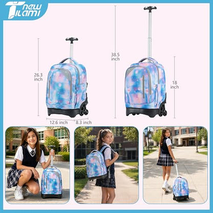 NEW TILAMI 18 Inch Rolling Backpack with Lunch Bag for Girls Boys School | 6-Wheel Stair-Climbing Girls Boys Carry-on Suitcase Water-Resistant Adjustable Trolley Handle Wheels School Travel Camping - color: Blue Planet