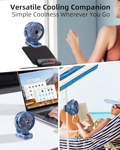 buywoo Portable Mini Personal Fan, Small Rechargeable Battery Powered Stroller Fan for Desk, Strong Clamp Grip, 360° Rotation, 3-Speed, LED Display, Clip On Cooler for Bed, Golf Cart, Office, Blue - color: Blue