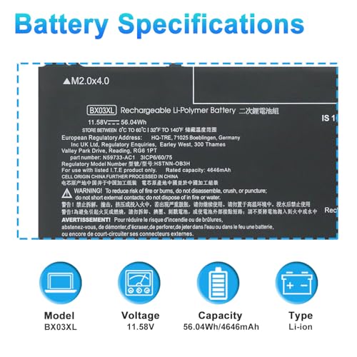 BX03XL N59733-171 Laptop Battery Replacement for HP EliteBook 830 835 840 845 860 865 G11 ZBook Firefly 14 16 G11 Series BX03056XL BXO3XL HSTNN-OB3H HSTNN-AB1D N59733-B71 N59733-AC1 56.04Wh - size: 9.65*3.46*0.28inch BX03XL