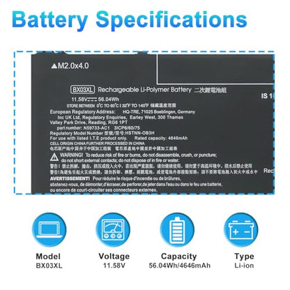 BX03XL N59733-171 Laptop Battery Replacement for HP EliteBook 830 835 840 845 860 865 G11 ZBook Firefly 14 16 G11 Series BX03056XL BXO3XL HSTNN-OB3H HSTNN-AB1D N59733-B71 N59733-AC1 56.04Wh - size: 9.65*3.46*0.28inch BX03XL