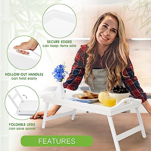 Bed Tray Table Bamboo Breakfast Food Tray with Folding Legs Kitchen Platters Serving Plate for Bed TV Table Desk Laptop Computer（White Large） - color: White-large