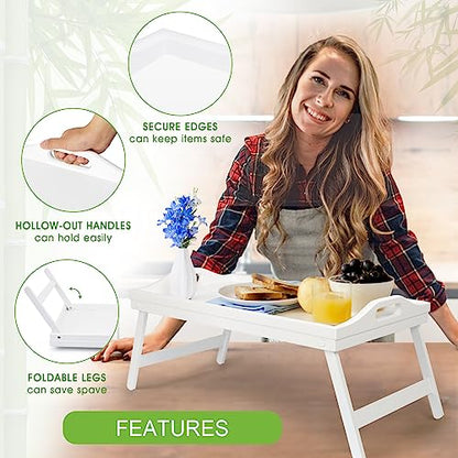 Bed Tray Table Bamboo Breakfast Food Tray with Folding Legs Kitchen Platters Serving Plate for Bed TV Table Desk Laptop Computer（White Large） - color: White-large