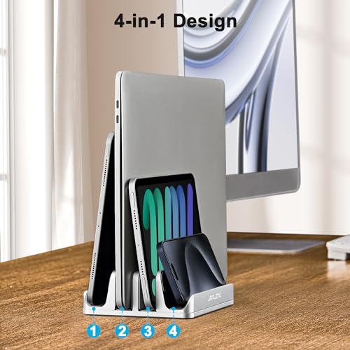 JARLINK 4-in-1 Adjustable Vertical Laptop Stand Holder, Aluminum Dual Slots Laptop Rack for Desk, Space-Saving Organizer Compatible with All MacBook, Surface, Chromebook, and Gaming Laptops (Silver) - color: Silver