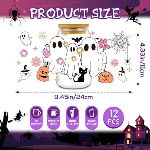 Rngmsi UV DTF Cup Wraps - 12 Sheets Halloween UV DTF Cup Wraps for 16 oz Glass, Cute Ghost Pumpkin Skull Bat Cobweb Cat Rub on Transfer Stickers, Uvdtf Decals for Mug Water Bottles, DIY Crafts - style: Halloween Ghost