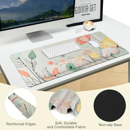 Petmolico 4-in-1 Wrist Rest Set with Desk Pad, Light Brown Big Flower | Non-slip PU base, soft Lycra & memory foam, ergonomic pain relief, great for home/office - color: Green