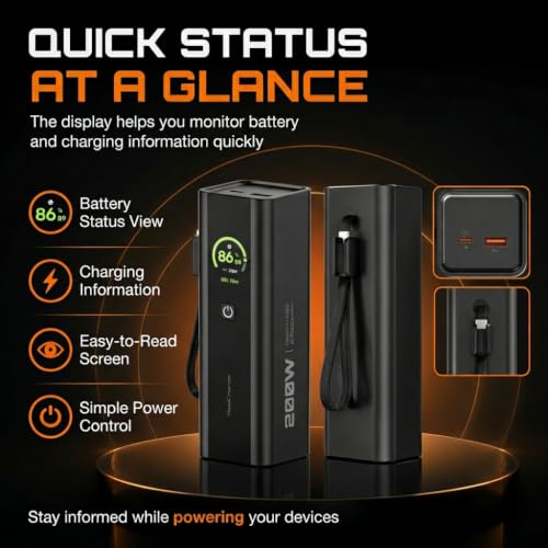ReelPro 200W 27000mAh Power Bank, Portable Charger with 140W USB C Wristlet Cable, LED Display, Fast Charging for Laptop, iPhone, and iPad (Gray)
