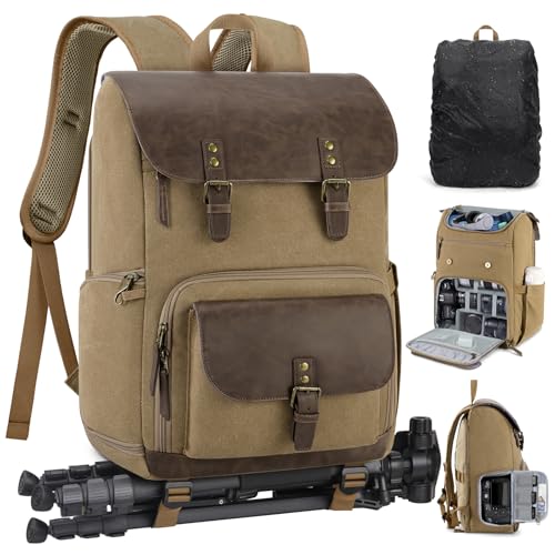 RAINSMORE Camera Bag Professional for DSLR/SLR Mirrorless Waterproof 15.6 Inch Laptop Photography Backpack with Side Access Rain Cover Tripod Holder Large Anti-Theft Camera Backpacks for Photographers - color: Khaki