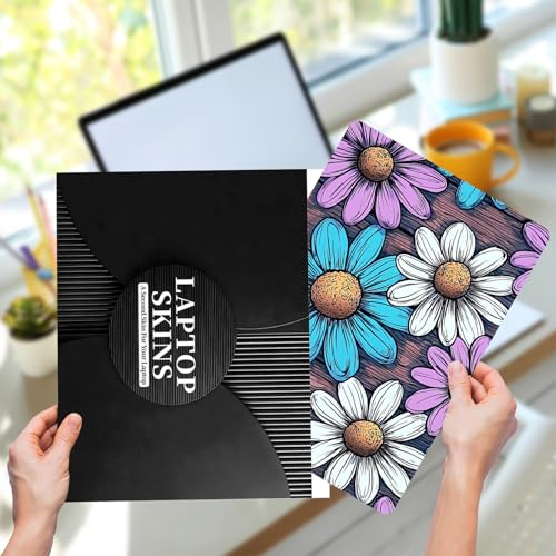 Laptop Skin Sticker for 12.1”-15.6“ Laptops (Fits 13”, 13.3”, 14”, 15”, 15.4”) | Protective Universal Reusable Vinyl Art Decal Cover | Waterproof & Scratch-Resistant-Purple Blue White Daisy on Wood - color: Purple Blue White Daisy on Wood