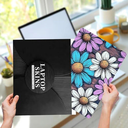 Laptop Skin Sticker for 12.1”-15.6“ Laptops (Fits 13”, 13.3”, 14”, 15”, 15.4”) | Protective Universal Reusable Vinyl Art Decal Cover | Waterproof & Scratch-Resistant-Purple Blue White Daisy on Wood - color: Purple Blue White Daisy on Wood
