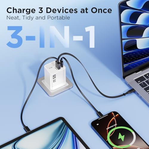 65W GaN USB C Charger with Retractable Charging Cable, 3 in 1 Power Adapter | travel charger for MacBook, iPhone 17 16 15, Samsung Galaxy S24, iPad, multi port compact wall charging block, White - color: White