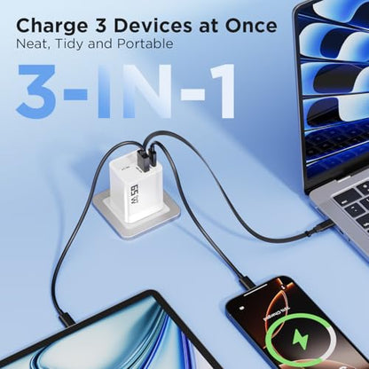 65W GaN USB C Charger with Retractable Charging Cable, 3 in 1 Power Adapter | travel charger for MacBook, iPhone 17 16 15, Samsung Galaxy S24, iPad, multi port compact wall charging block, White - color: White