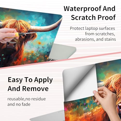 Laptop Skin Sticker 3-Piece Set,Highland Cow and Flowers | Trim-to-fit 3-piece vinyl set with one 15 x 10.6 in lid skin and two palm-rest decals for many 12-15.6 in laptops - color: Highland Cow And Flowers