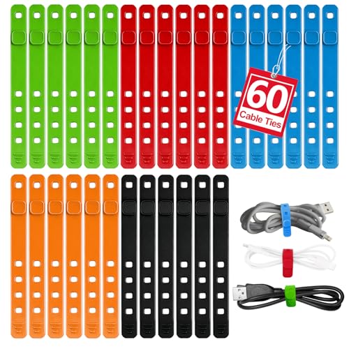 AROIC 60Pcs Silicone Cable Ties, 5-Colors Reusable Cord Organizer | for Charger & Data Cables - Home Office Travel Essentials, Under Desk Cable Management, Wire Holder for Computer, Kitchen - color: 5.1in-60p