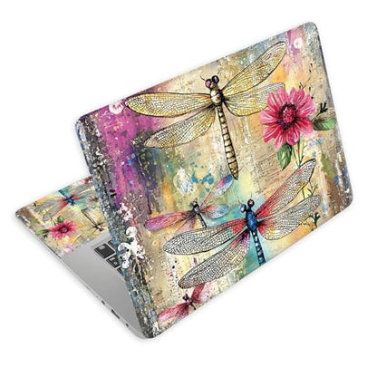 Universal Laptop Skin Decal, 3-Piece Vinyl Protector for 12 13 14 15.6" Notebook, Waterproof Anti-Scratch, Easy Trim & Bubble-Free Finish, Dragonflies and Flowers - color: Dragonflies and Flowers