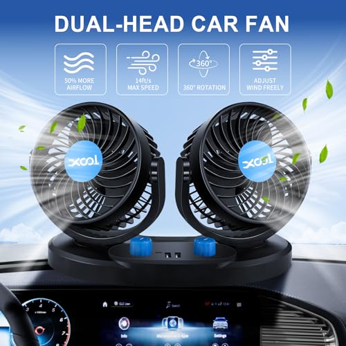 XOOL Car Fan – Car Cooling Fan with 2 USB Charging Ports, Quiet Strong Airflow, Cigarette Lighter Plug, Fan for Car, Vehicles, RVs, and SUVs - size: Cigarette Dual Fan - Front (Dual USB Ports)