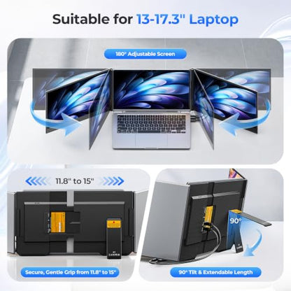 15.6" Laptop Screen Extender, Dual 1080P FHD IPS Portable Monitor for 13-17.3" Laptops, Plug and Play Triple Screen with USB-C HDMI, 300 Nits, 100% sRGB, Built-in Speakers for Work, Travel, Gaming