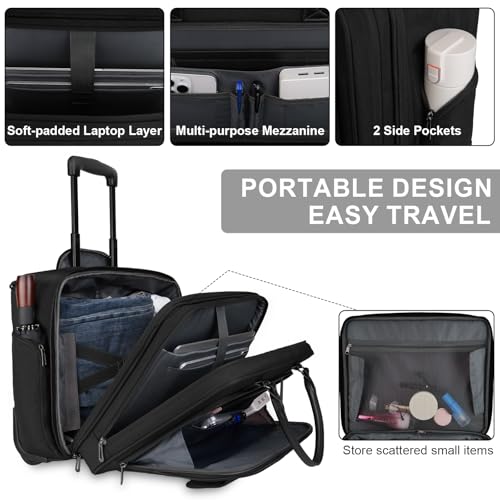 MOSISO Rolling Laptop Bag with Wheels, Rolling Briefcase for Women with Front Pocket & Belt for Work Travel Business, 15-16 inch Expandable Overnight Computer Bag Roller Briefcase for Men, Black