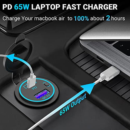 83W Laptop 12V USB Outlet: OUFFUN 65W PD Car Charger and 18W QC3.0 with Power Switch Waterproof for Car RV Boat Marine Motocycle Truck Golf Cart