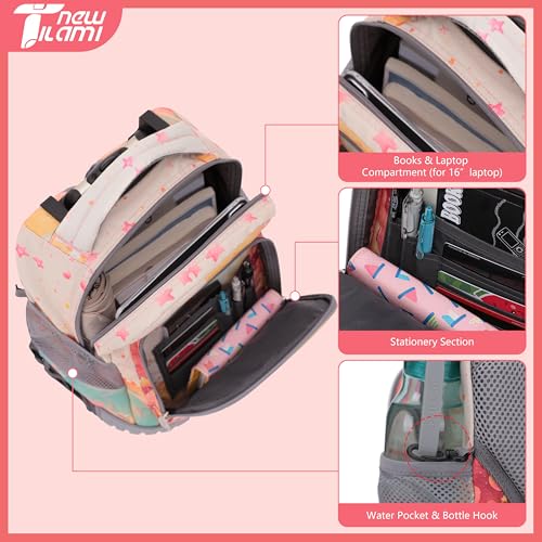 NEW TILAMI 16 Inch Rolling Backpack with Lunch Bag for Girls Boys School | 6-Wheel Stair-Climbing Girls Boys Carry-on Suitcase Water-Resistant Adjustable Trolley Handle Wheels School Travel Camping - color: Starry Rainbow