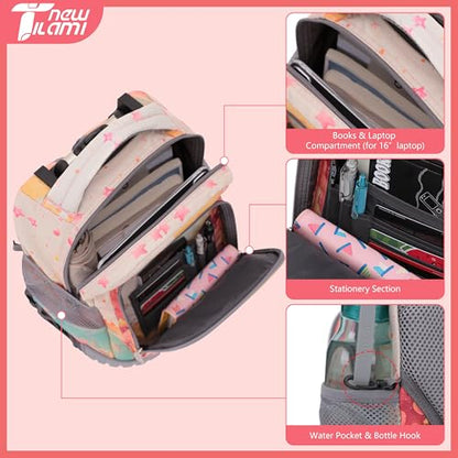 NEW TILAMI 16 Inch Rolling Backpack with Lunch Bag for Girls Boys School | 6-Wheel Stair-Climbing Girls Boys Carry-on Suitcase Water-Resistant Adjustable Trolley Handle Wheels School Travel Camping - color: Starry Rainbow