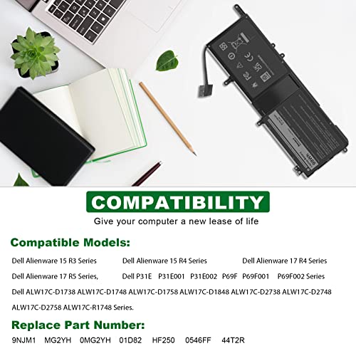 Fancy Buying 9NJM1 44T2R MG2YH Laptop Battery for Dell Alienware 15 R3 R4 17 R4 R5 Series P31E P69F P31E001 P31E002 P69F001 P69F002 HF25D 01D82 546FF 0546FF HF250 0HF250 0MG2YH - size: 11.55*4.19*0.51inch