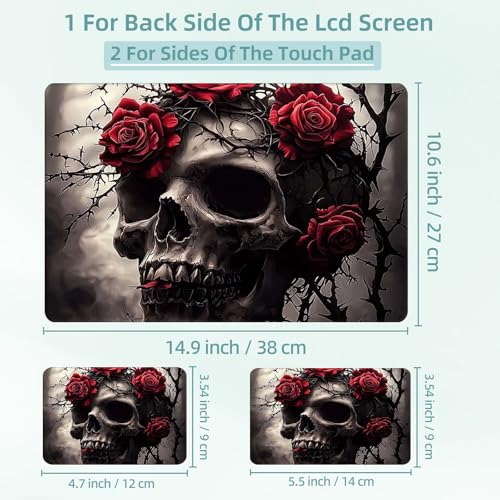 Universal Laptop Skin Decal, 3-Piece Vinyl Protector for 12 13 14 15.6" Notebook, Waterproof Anti-Scratch, Easy Trim & Bubble-Free Finish, Skull with Red Roses on Head - color: Skull with Red Roses on Head