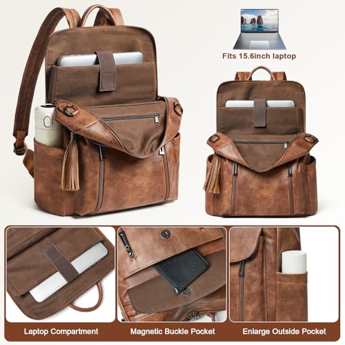 Laptop Backpack for Women 15.6 inch,Travel Leather Backpack Purse Nurse Teacher Carry on Backpack Computer Bag,Professional Water-Resistant College Business Work Casual Daypack,Two-toned Brown - color: Two-toned Brown