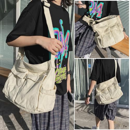 Canvas Messenger Bag Large Crossbody Bag with Multiple Pockets Canvas Shoulder Tote Bag for Women and Men - color: White