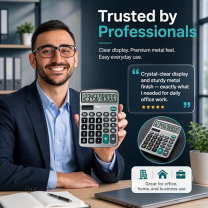 TRULY 12 Digits Desktop Calculator with Large LCD Display and Sensitive Button, Dual Solar Power and Battery, Standard Function for Office, Home, School, Metal Body, 837A Pro Silver - color: Silver