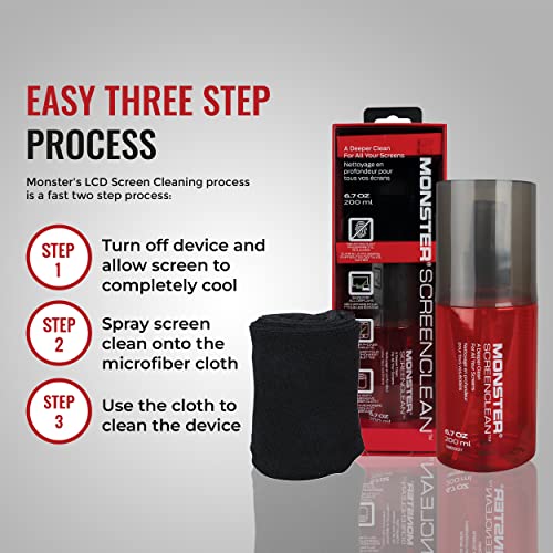 Monster Screen Cleaner Kit with Microfiber Cloth, 60 mL Screen Cleaner Spray for TVs, Monitors, Laptops, Tablets, Smartphones, Eyeglasses, LCD LED OLED Display Cleaner