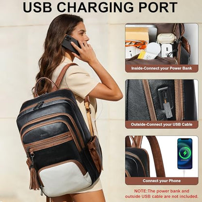 Shrrie 17 Inch Laptop Backpack for Women,Vegan Leather Backpack Purse,28L Work Business College Travel Computer Backpacks with Giant Tumbler Holder & USB Charger,Black and Beige with Caramel Brown - color: Black and Beige With Caramel Brown