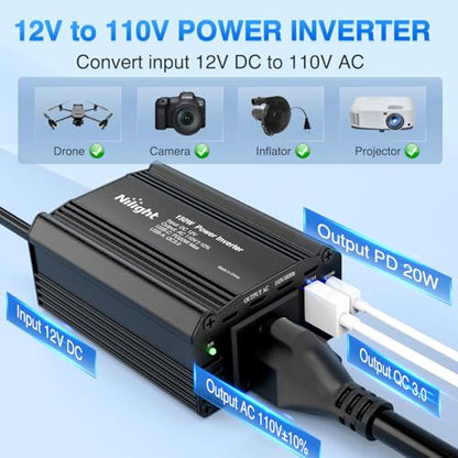 Nilight 150W Power Inverter with PD 30W USB C & QC3.0 12V DC to 110V AC | Car Converter for Phones Tablets Laptop Computer Game Console Kindle iPad DVD Players Black - color: 150W USB+PD 110V Outlet