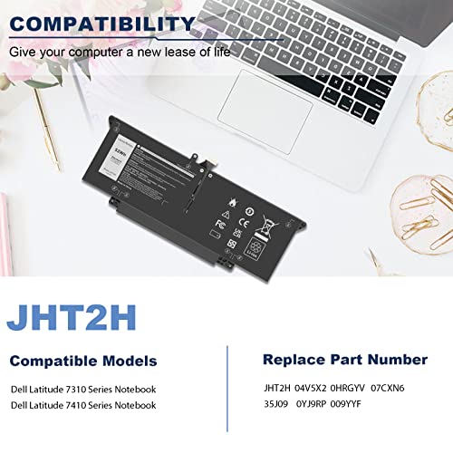JHT2H Laptop Battery for Dell Latitude 7310 7410 Latitude 7410 Chromebook Enterprise Series P33S P34 S4V5X2 YY3GJ 2561J Y7HR3 35J09 HRGYV 0HRG WY9MP XMV7T 09YYF 7CXN6 T3JWC K36KR X825P XMT81 XMV7T - size: 10.43*3.9*0.24inch