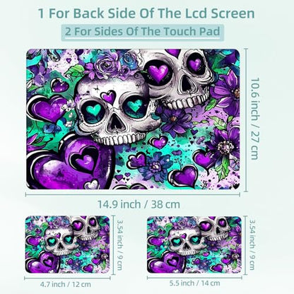 Universal Laptop Skin Decal, 3-Piece Vinyl Protector for 12 13 14 15.6" Notebook, Waterproof Anti-Scratch, Easy Trim & Bubble-Free Finish, Skull with Purple Flowers - color: Skull with Purple Flowers