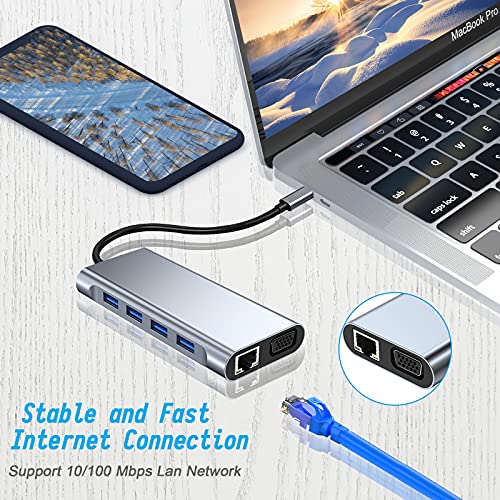 USB C HUB 11 in 1 Docking Station Compatible with MacBook Pro/Air | USB C Adapter with 4K HDMI/VGA/USB C PD/USB3.0/RJ45 Ethernet/SD/TF Card Reader/3.5mm AUX Compatible with Other Type C Laptops - size: 11 in 1