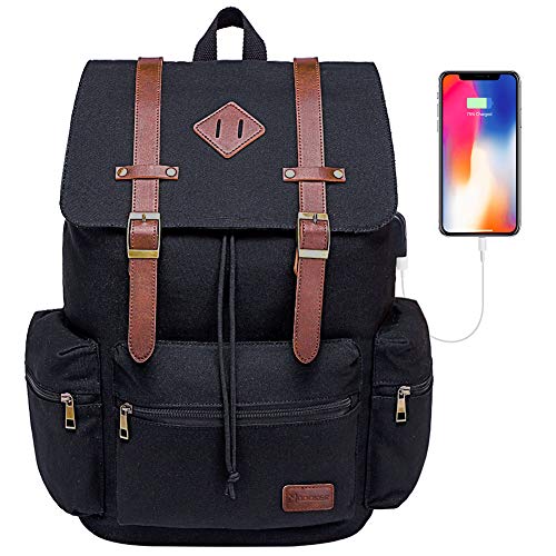 Modoker Vintage Canvas Backpack with USB Port, Fits 17/15.6 Inch Laptop | Eco-friendly canvas backpack with durable construction. Comfortable straps for travel, work, or daily use. - color: Retro Black
