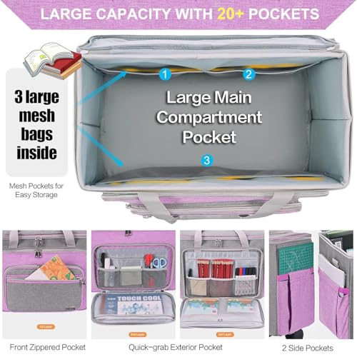 Rolling Teacher Bag With Wheels, Tote Organizer With Detachable Trolley - color: Purple