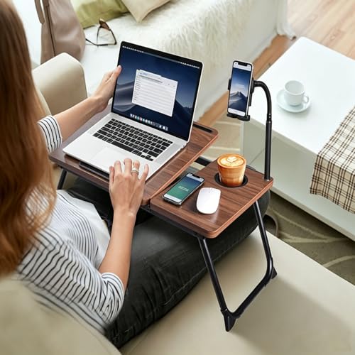 Foldable Lap Desk for Bed and Sofa, Portable Laptop Desk with Gooseneck Phone Stand, Cup Holder & Mouse Pad Extension, Extra Large Bed Desk Tray fits up to 17" Laptops (Walnut) - color: Walnut