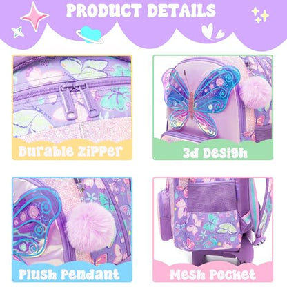 Meetbelify Girls Rolling Backpack with Wheels for Kids 3D Butterfly School Roller Backpack,Carry on Travel Luggage with Lunch Bag and Pencil Case for Girls Ages 5-12 - color: 01 Butterfly