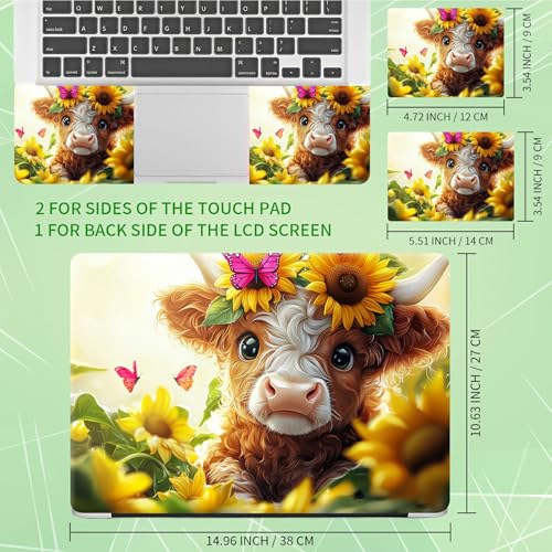 Laptop Skin Sticker Decal, Universal Protective Cover Fit 12 13 14 15.6 Inch Notebook, Reusable Water-Resistant Vinyl Decal w/ 2 Wrist Pads for Business Travel Office, Cute Cow Flowers - color: Cute Cow Flowers