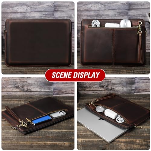 Top Grain Leather 14.2" Laptop Case Bag, Zip Pockets Design, Compatible with MacBook Air 13" M2 A2681 M1 A2337 A2179 A1932/Pro 13" M2 M1 A2338 A2251 A2289 A2159 A1989 A1706, Coffee 14.2 Inch - color: 【Bag】Horizontal Zip & 2 Pockets - Coffee, size: 14.2" -