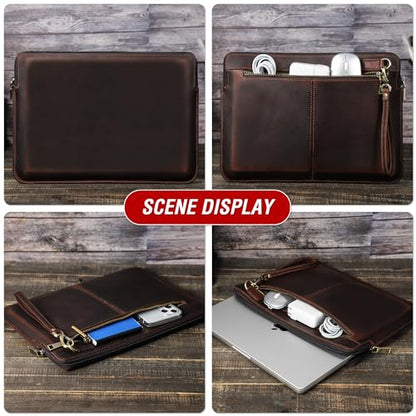 Top Grain Leather 14.2" Laptop Case Bag, Zip Pockets Design, Compatible with MacBook Air 13" M2 A2681 M1 A2337 A2179 A1932/Pro 13" M2 M1 A2338 A2251 A2289 A2159 A1989 A1706, Coffee 14.2 Inch - color: 【Bag】Horizontal Zip & 2 Pockets - Coffee, size: 14.2" -