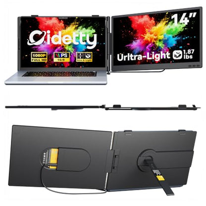 CIDETTY Laptop Screen Extender Monitor Portable, 14" Ultra-Thin Dual Laptop Monitor FHD 1080P IPS, USB-C/HDMI Plug & Play Travel Monitor for 13-17" Laptops, Compatible with Wins/Mac/Chrome/Switch