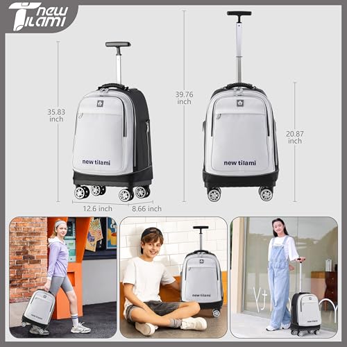 NEW TILAMI 19 Inch Rolling Backpack for School Travel with 4 Spinner Wheels | 360°rotating Universal Wheel, Large Organizer Compartments, Adjustable Handle, Carry on for School Students Business Travel - color: Pure White