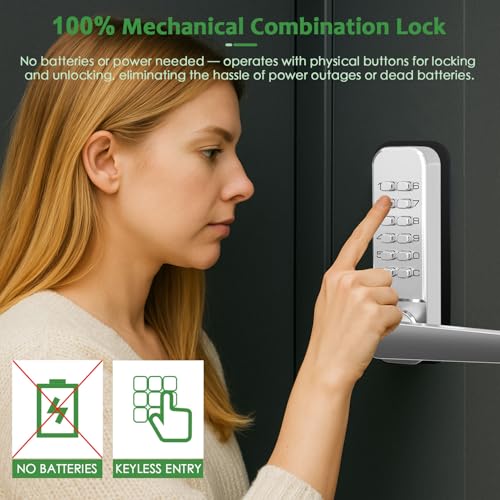 High-Security 12 Digit Keypad Mechanical Door Lock - Keyless Entry, Mechanical Code Lock with Handle, Waterproof & Rustproof, No Battery, Easy to Install, Silver, BH-MDLS0030102 - color: Satin Chrome - Square