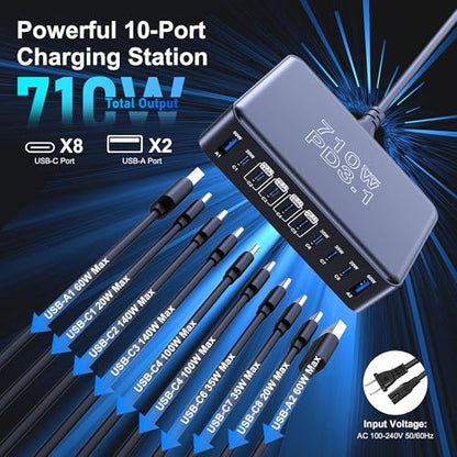 CHIPOFY 710W USB C Charging Station | 10-Port PD3.1 140W GaN Charger Block for MacBook Laptop, iPad, iPhone 17/16, Galaxy S25/S24 and More